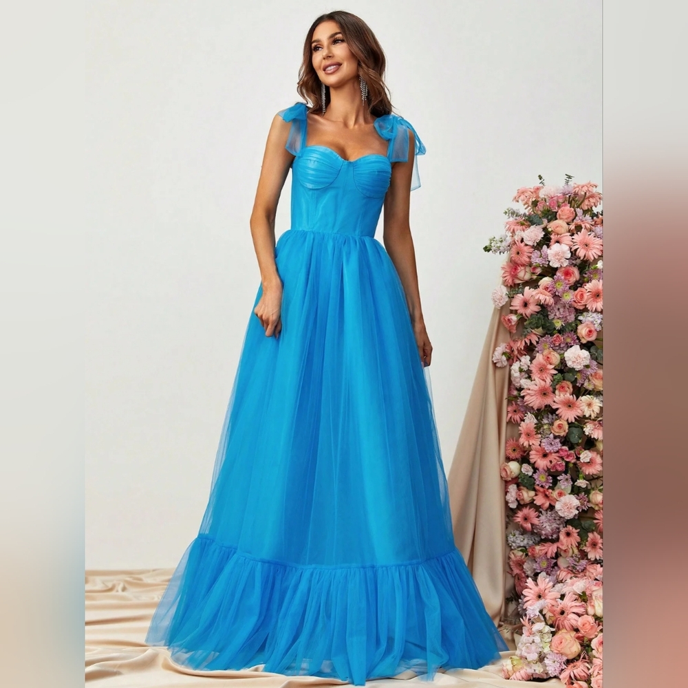Tie Shoulder Ruffle Hem Mesh Maxi Dress In Color Blue. Size Medium.  $109 retail - Picture 5 of 10